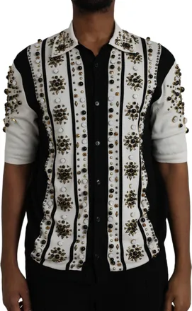 Dolce & Gabbana White Black Silk Studded Stone Crystal Mens Shirt