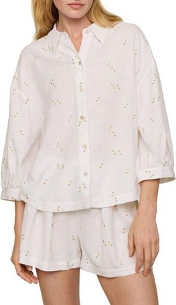 Eberjey Relaxed Linen Blend Button-Up Sleep Shirt in Summer Daisy White at Nordstrom, Size X-Small