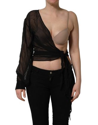 Dolce & Gabbana Sheer Silk Chiffon One-Shoulder Wrap Blouse - Black