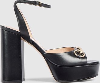 Gucci Womens Horsebit Platform Sandal, Black, Leather