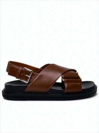 Marni Brown Leather Strap Sandals With Textured Rubber Sole