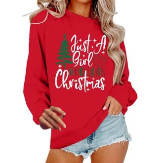 Generic Christmas Womens Long Sleeve Sweatshirts Oversizes Just A Girl Who Loves Christmas Tree Sweatshirt Shirts For Women Xmas Splicing Long Sleeve Pullover