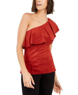 Inc International Concepts Womens Faux-Suede One-Shoulder Ruffled Top Medium Red Size Medium