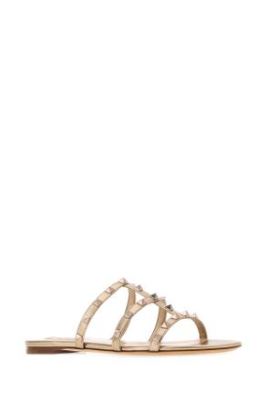 Valentino Garavani Womens Gold Leather Rockstud Slippers Skin Flat Shoes