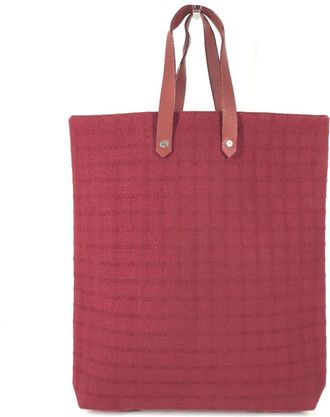 Herm&egrave;s Red Color Leather Canvas Handbag Tote Bag (Pre-Owned)