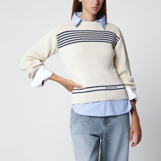 Balenciaga Maglione con scollo a barchetta in cotone navy/bianco