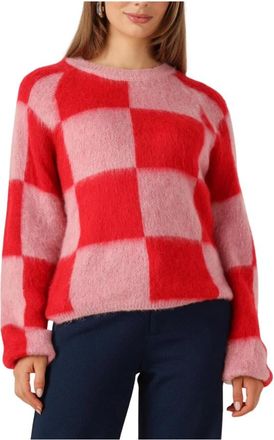Pom Amsterdam Rode Geruite Pullover voor Vrouwen - Dames - Ronde hals truien - Veelkleurig - M - Truien & Vesten