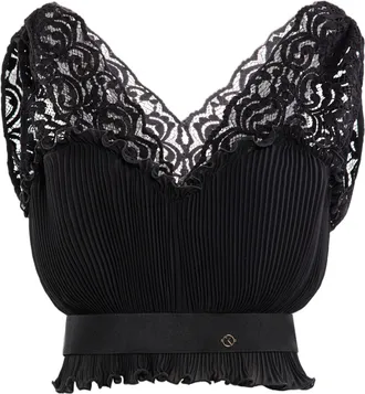 Saiid Kobeisy Pleated Black Bodysuit with Lace Accents