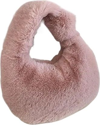 Generic Womens Plush Bags Women Warm Plush Furry Coin Purses Half Moon Bag Wrist Bags(Pink)