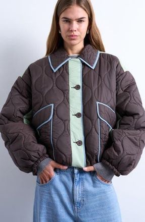 Topshop Patchwork Quilted Jacket in Brown/Light Blue at Nordstrom Rack, Size X-Small