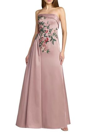 Mac Duggal Strapless Satin Beaded Floral Gown in Mocha at Nordstrom, Size 18
