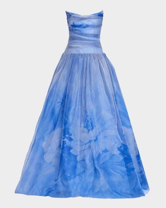 Pamella Roland Floral Silk Organza Strapless Drop-Waist Gown