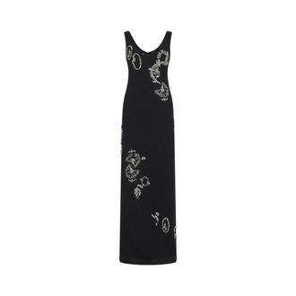 Dries Van Noten Maxi Dresses, female, Black, Size: XL Crepe Long Embroidered Dress