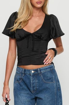 Princess Polly Sun Will Rise Tie Detail Satin Crop Top in Black at Nordstrom, Size 12