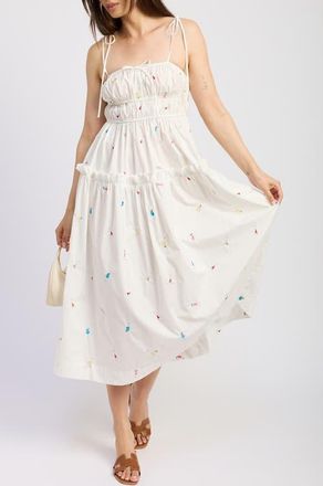 En Saison Nellie Embroidered Tiered Cotton Poplin Sundress in White Pink Multi at Nordstrom, Size Small