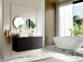 Vente-Unique Mobile bagno sospeso scanalature profilo dorato doppio lavabo da appoggio quadrato 120 cm Nero - KELIZA