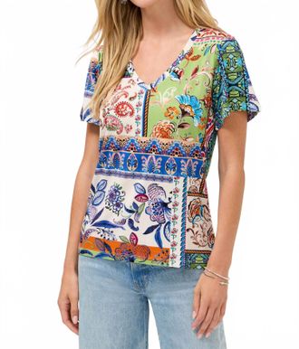 Johnny Was Janie Favorite V-Neck Flutter Sleeve Tee In Armeria Scarf