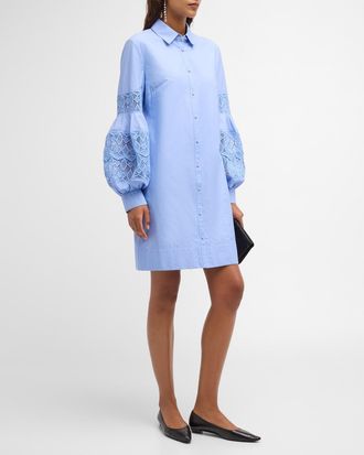 Lela Rose Lace-Inset Blouson-Sleeve Shirt Dress