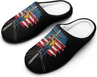 Generic Lineman U.S. Flag Mens House Slippers Memory Foam Washable Cotton Slip on Home Shoes