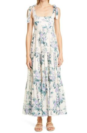 Zimmermann Cassia Floral Print Tie Shoulder Midi Sundress in Hydrangea Floral at Nordstrom, Size 1