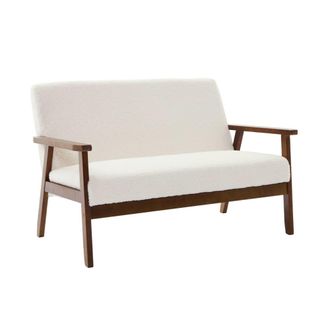 Sweeek Sof&aacute;-banco 2 plazas, tela borreguito, patas te&ntilde;idas nogal claro, crema