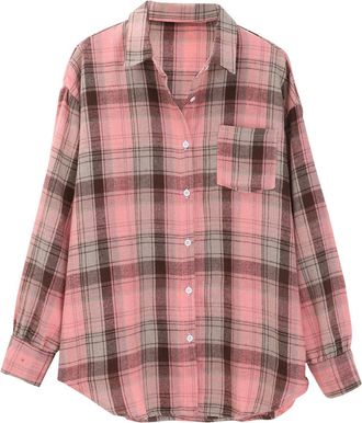 Generic Womens Long Sleeve Shirt Casual Loose Fit Button Down Checked Blouse with Collar Work Office Plaid Tops A10(Pink, S) Hawaii Hemd Damen