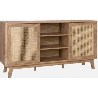 Sweeek Sweeek - Credenza con 2 ante scorrevoli e ripiani effetto legno e canna, 150cm