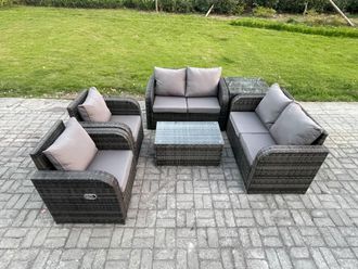 Fimous Rattan Garden Furniture Set 6 Seater Patio Outdoor Lounge Sofa Set with 2 Reclining Chairs Rectangular Coffee Table Side Table in Dark Grey