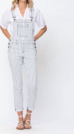 Judy Blue Railroad Striped Slim Boyfriend Overalls In White