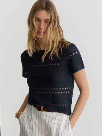 Reiss Navy Linen Textured-knit Top, XS