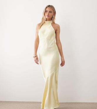 Vila Vestito lungo in raso giallo pastello allacciato al collo con schiena scoperta