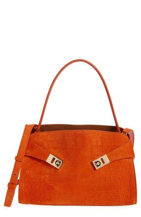 Ferragamo Hug Croc Embossed Suede Handbag in Light Siena Naturale Rst at Nordstrom