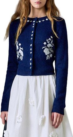 English Factory Floral Embroidered Cardigan in Navy/White at Nordstrom, Size Medium