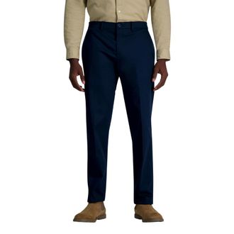 Haggar Mens Wrinkle Free Performance Khaki Straight Fit Flat Front Pant Casual, Dark Navy, 33W x 30L
