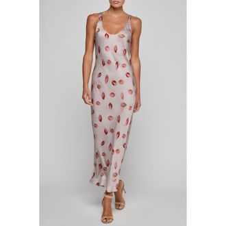 L'agence Akiya Kiss Print Satin Maxi Slipdress in Taupe/Dk Red Fd Kiss at Nordstrom, Size Xx-Small