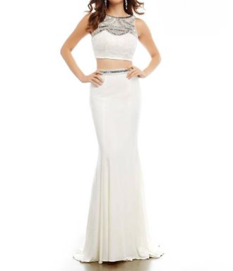 Mac Duggal Two-Piece Jeweled Gown In Ivory/gold