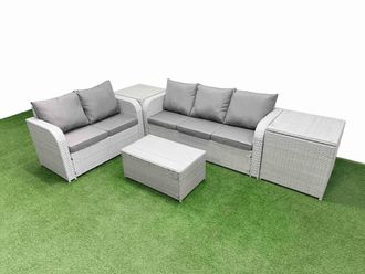 Fimous 5 Seater PE Rattan Wicker Garden Furniture Patio Conservatory Sofa Set with Rectangular Coffee Table 3 Seater Sofa Love Sofa 2 Side Table