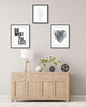 Queence Bild »Love« Abstrakt Bilder von Frauen Fashion Frau Herz Herzbilder Magazincover Mode Schriftzug Schwarz-Weiss Sprüche & Texte 3 Stk. tlg. gerahmt