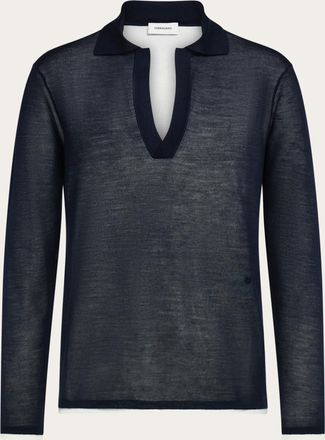 Ferragamo Men Long sleeve knitted silk polo shirt Blue