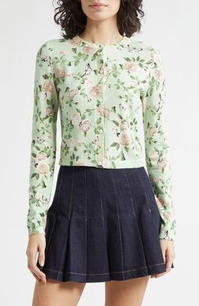 Alice & Olivia Carson Floral Cotton Blend Cardigan in Garden Gossip Light Sage at Nordstrom, Size X-Small