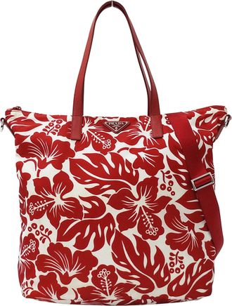 Prada Red Color White Nylon Handbag Shoulder Bag Tote Bag (Pre-Owned)