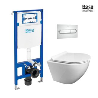 Roca Bastidor Roca Duplo Pack Cisterna Empotrada Y Pulsador Pl1 Cromo Brillo Con Wc Suspendido Kp Round Smart Blanco Tapa Fina