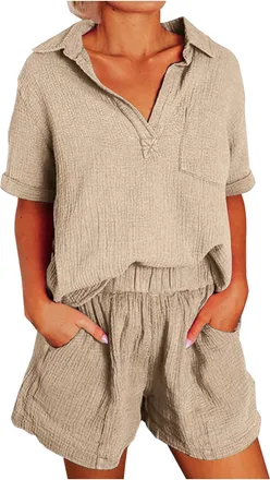 Generic Festive Suit Set Women Solid Cotton Linen V Tie Casual Two Piece Jogging Suit Set, khaki, M