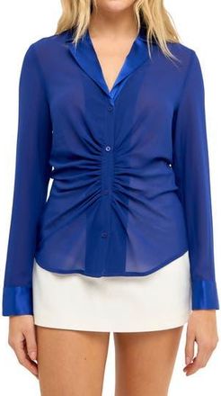 endless rose Ruched Front Chiffon Shirt in Navy at Nordstrom Rack, Size X-Small
