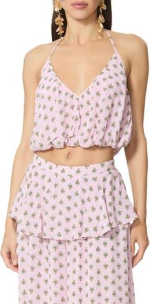 AFRM Ailee Micro Print Halter Bubble Hem Crop Top in Crocus Foulard at Nordstrom, Size X-Small