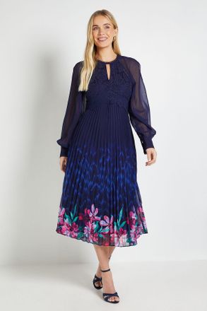 Wallis Womens Petite Occasion Lace Insert Pleated Midi Dress - Navy - Size 10 UK