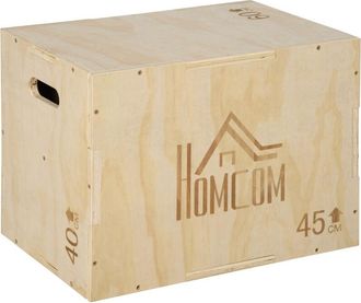 HOMCOM Caja Pliom&eacute;trica De Madera 3 En 1 Con 2 Mango Hueco Entrenamiento De Fuerza En Casa Oficina Gimnasia Carga 120 Kg 45x40x60 Cm Madera Natural