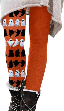 Generic Halloween Leggings for Women UK Pumpkin Ghost Skull Scary Print Pant Soft High Waisted Tummy Control Running Legging Casual Stretchy Yoga Pants Workou
