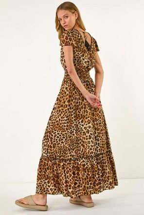 Roman Animal Print Shirred Maxi Dress