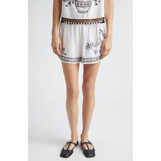 Bode Beaded Cockatoo Cotton & Silk Poplin Tap Shorts in White at Nordstrom, Size X-Large